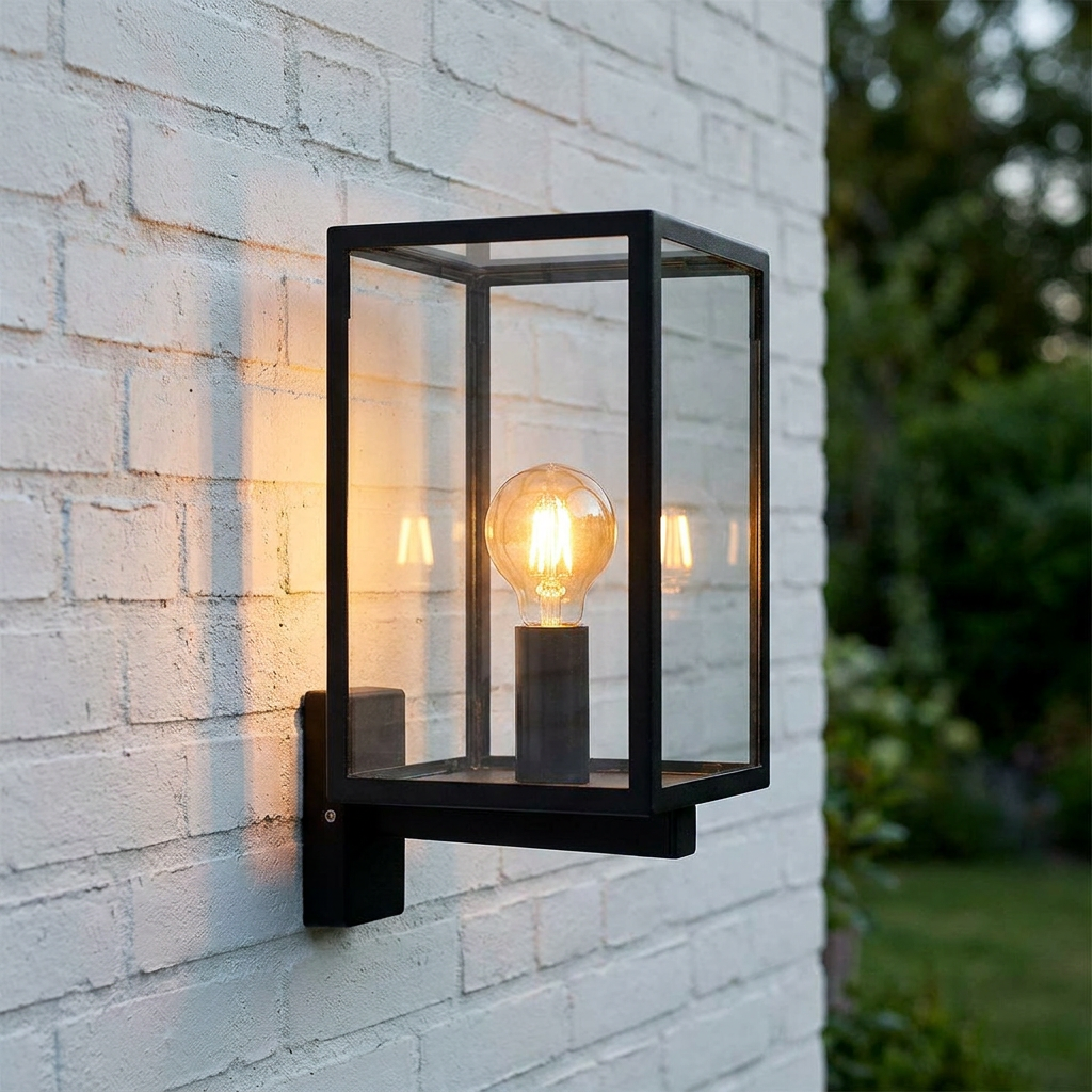 Black rectangular glass wall light with a lit vintage bulb on a white brick exterior.