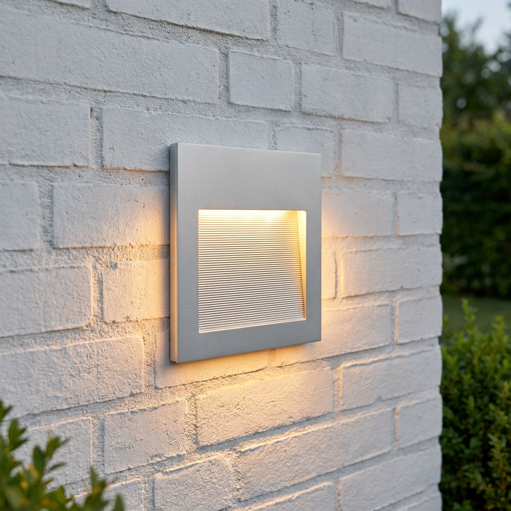 Square aluminium LED recessed wall light glowing on a white brick exterior wall.