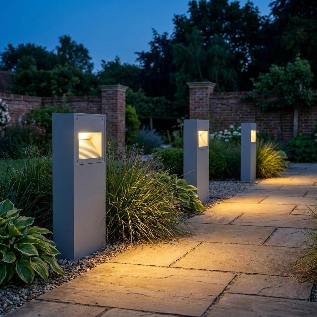 Three grey Norlys Namsos aluminium LED bollard lights illuminating a stone garden path at twilight.