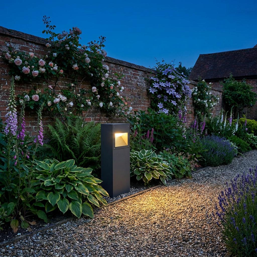 A graphite bollard light illuminates a gravel garden path next to a flowering brick wall at twilight.