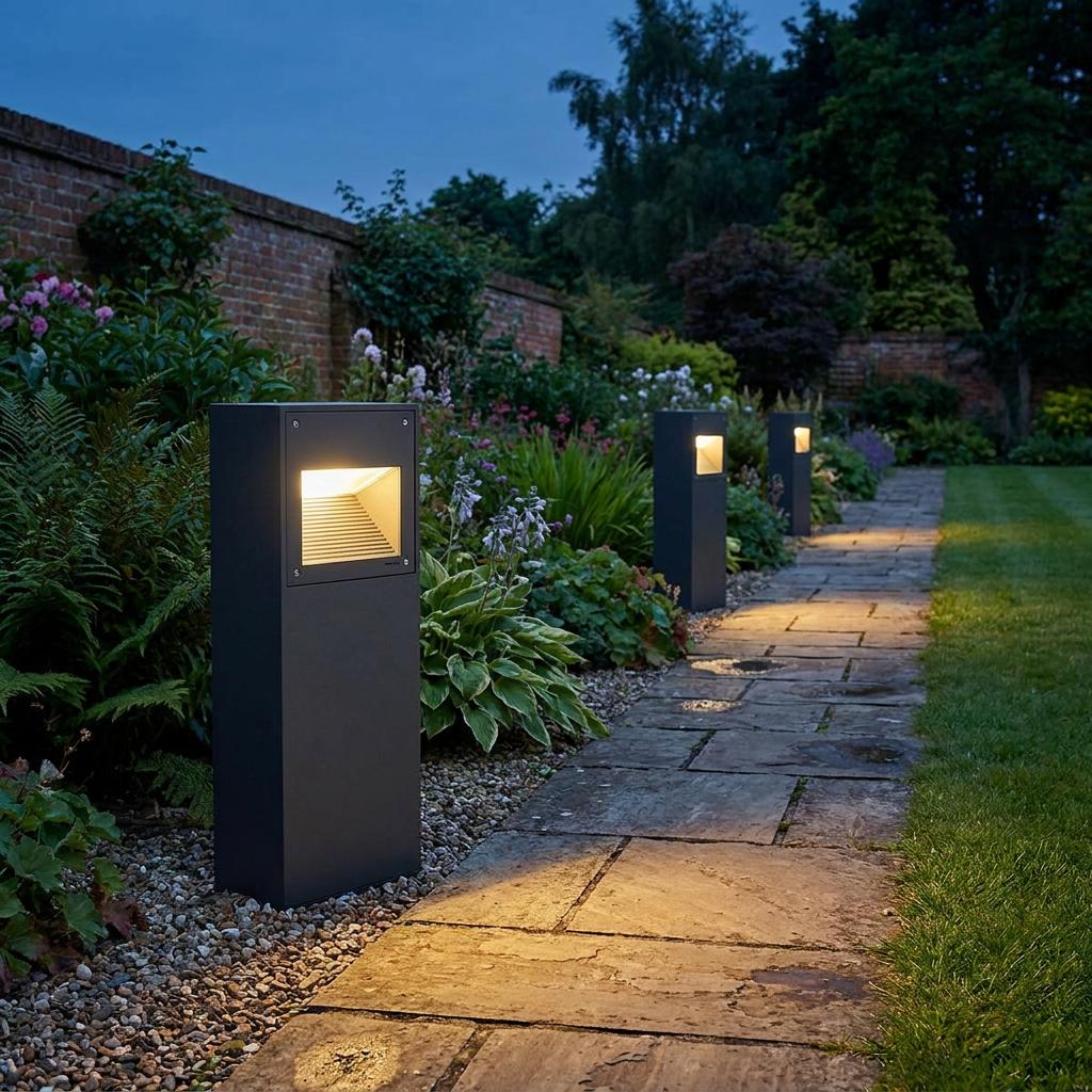 Graphite rectangular bollard lights illuminating a stone garden path at dusk.