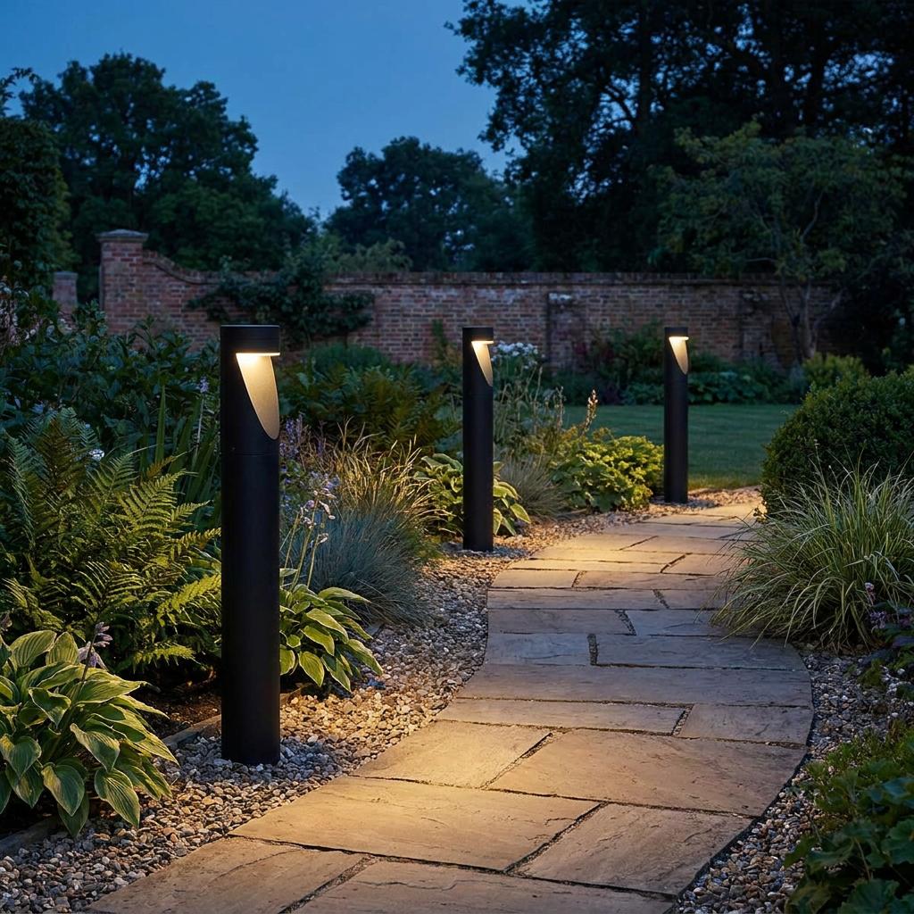 Three graphite bollard lights illuminate a winding stone garden path surrounded by lush plants at dusk.
