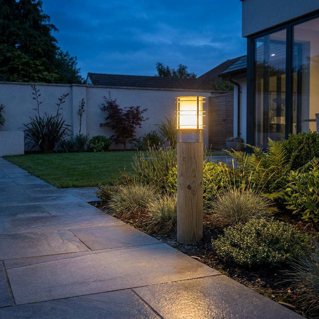 Glowing wood and galvanized steel bollard light illuminating a stone garden path at twilight.