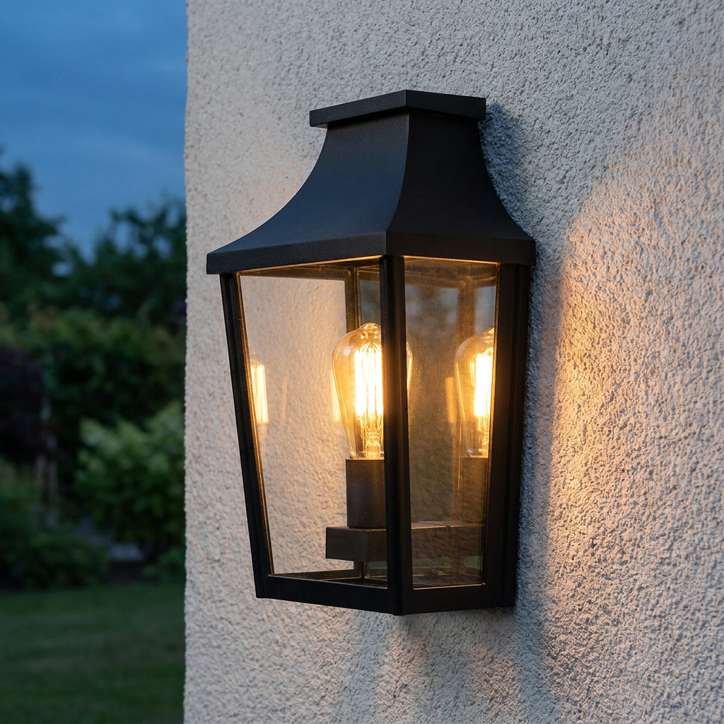 Black lantern outdoor wall light with an Edison bulb, glowing warmly on a textured white wall.