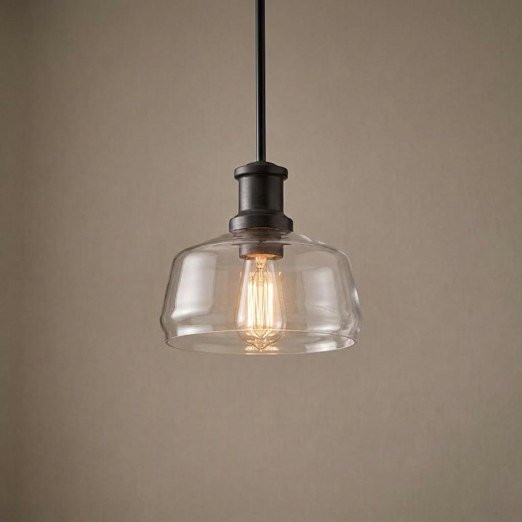 Graphite pendant light with a clear blown glass shade and a glowing filament bulb against a neutral wall.