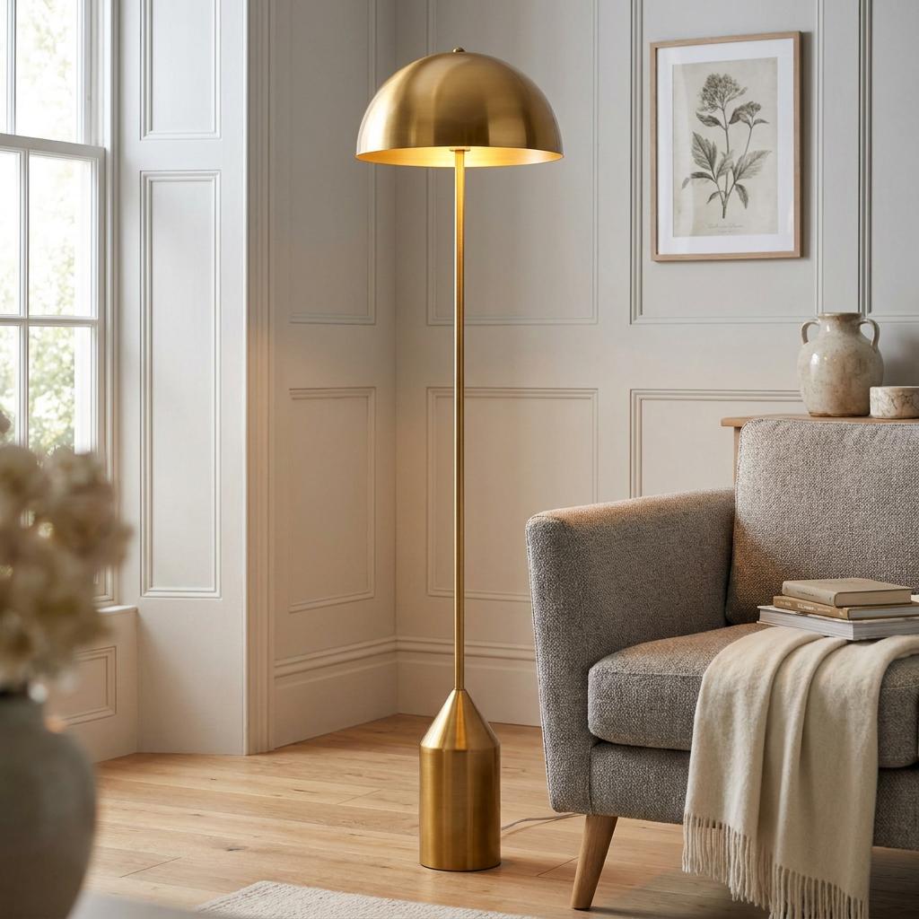 Sleek brass floor lamp with a dome shade stands beside a grey armchair in a bright, modern living room.