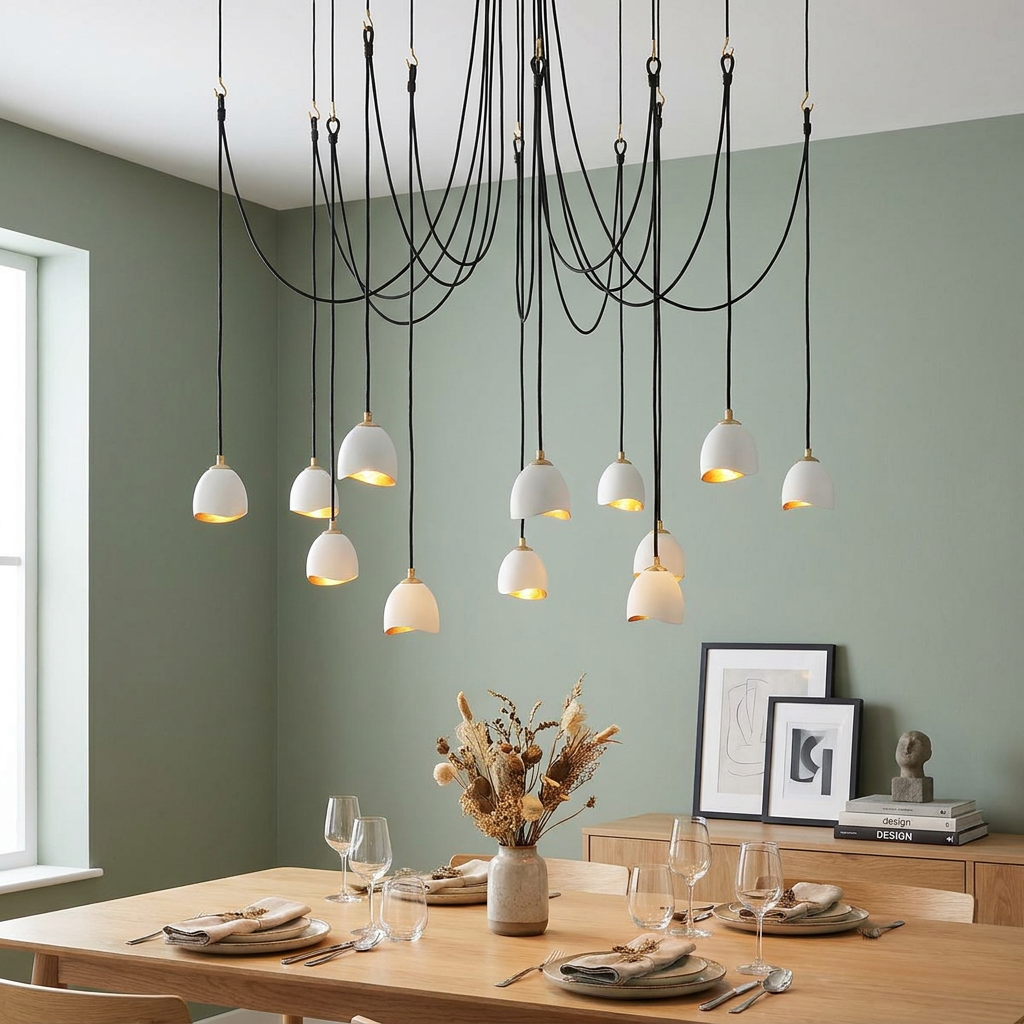 Modern 12-light cluster pendant with white and gold shades hanging over a dining table in a sage green room.