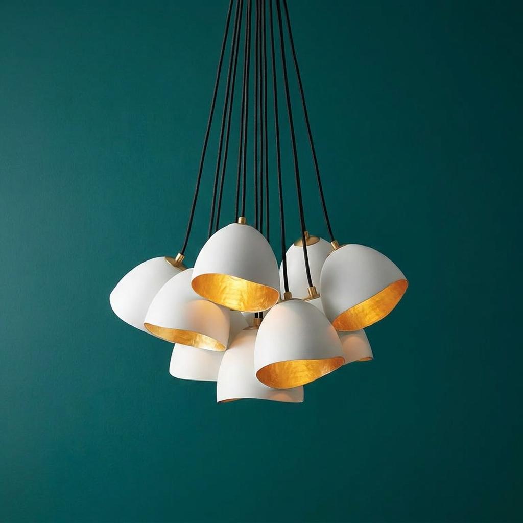 Nula 15-light pendant with white shell shades and gold leaf interiors clustered against a teal wall.