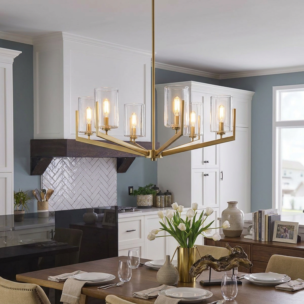 Nye 6 Light Brass Chandelier with clear glass shades hanging over a dining table in a contemporary kitchen.