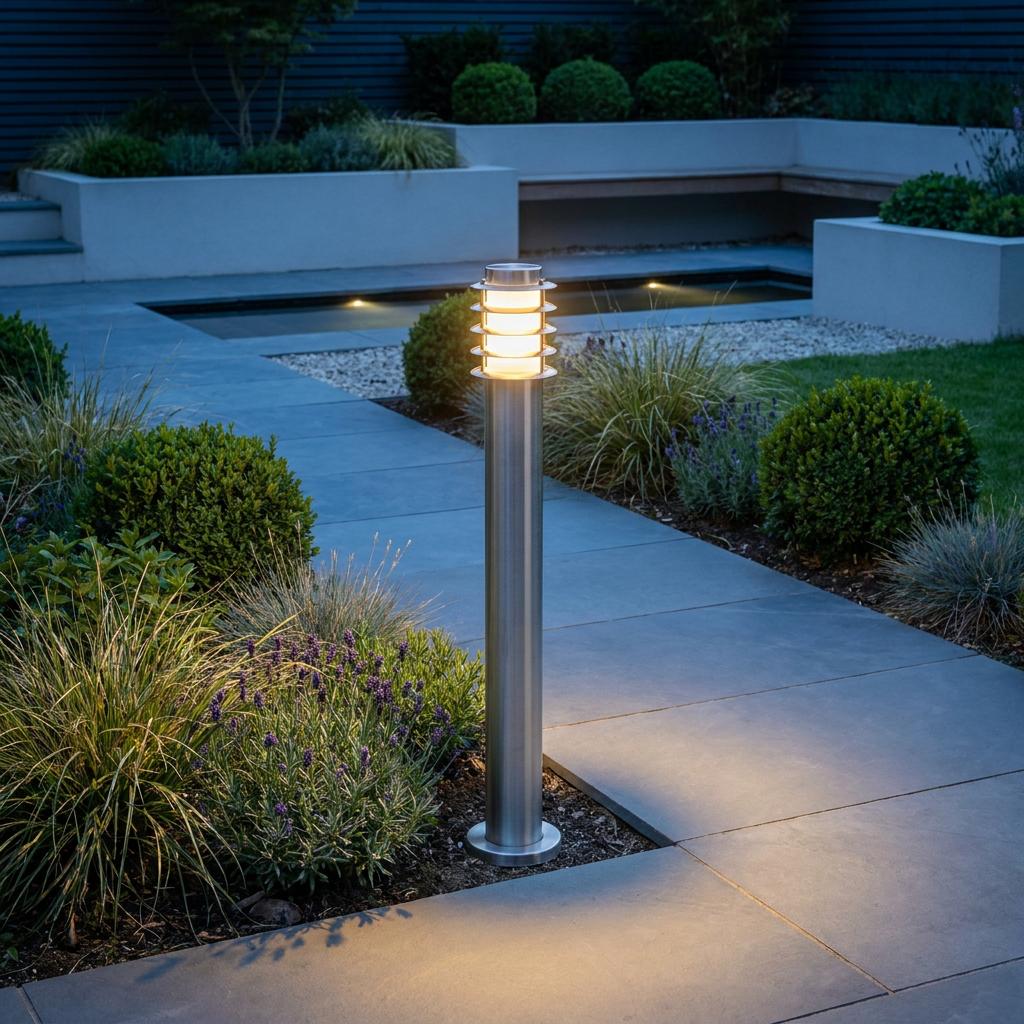 A stainless steel bollard light illuminates a modern paved garden path at dusk surrounded by greenery.
