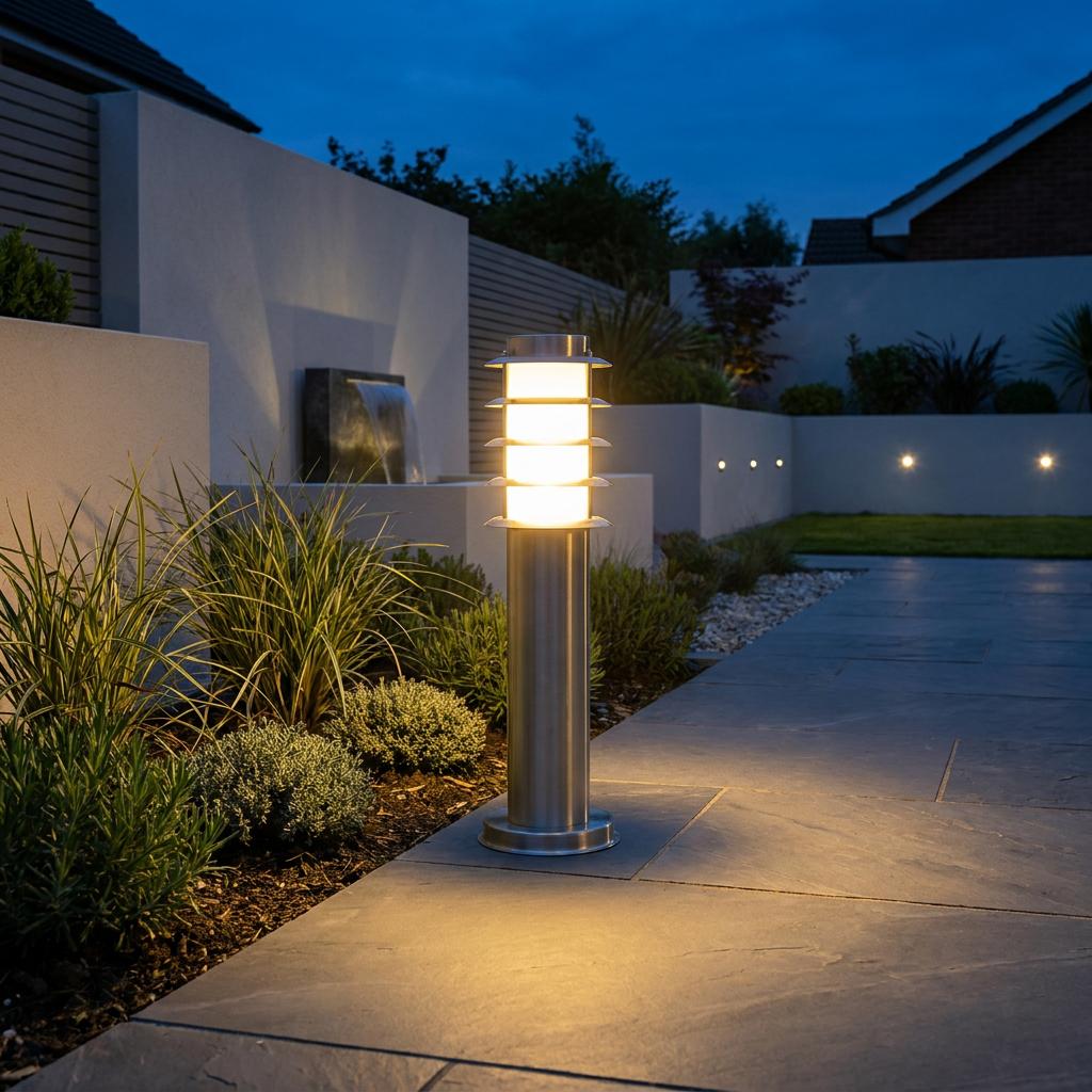 Oaks Altay Stainless Steel Outdoor Mini Bollard Light glowing on a modern garden patio at night.
