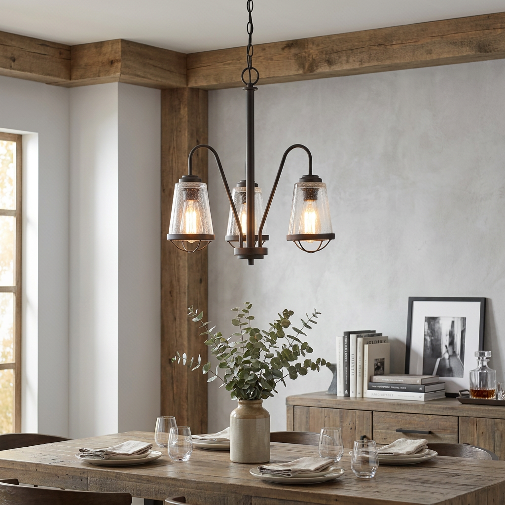 Oaks Bodo 3-light black chandelier with seeded glass shades hanging over a rustic wooden dining table.