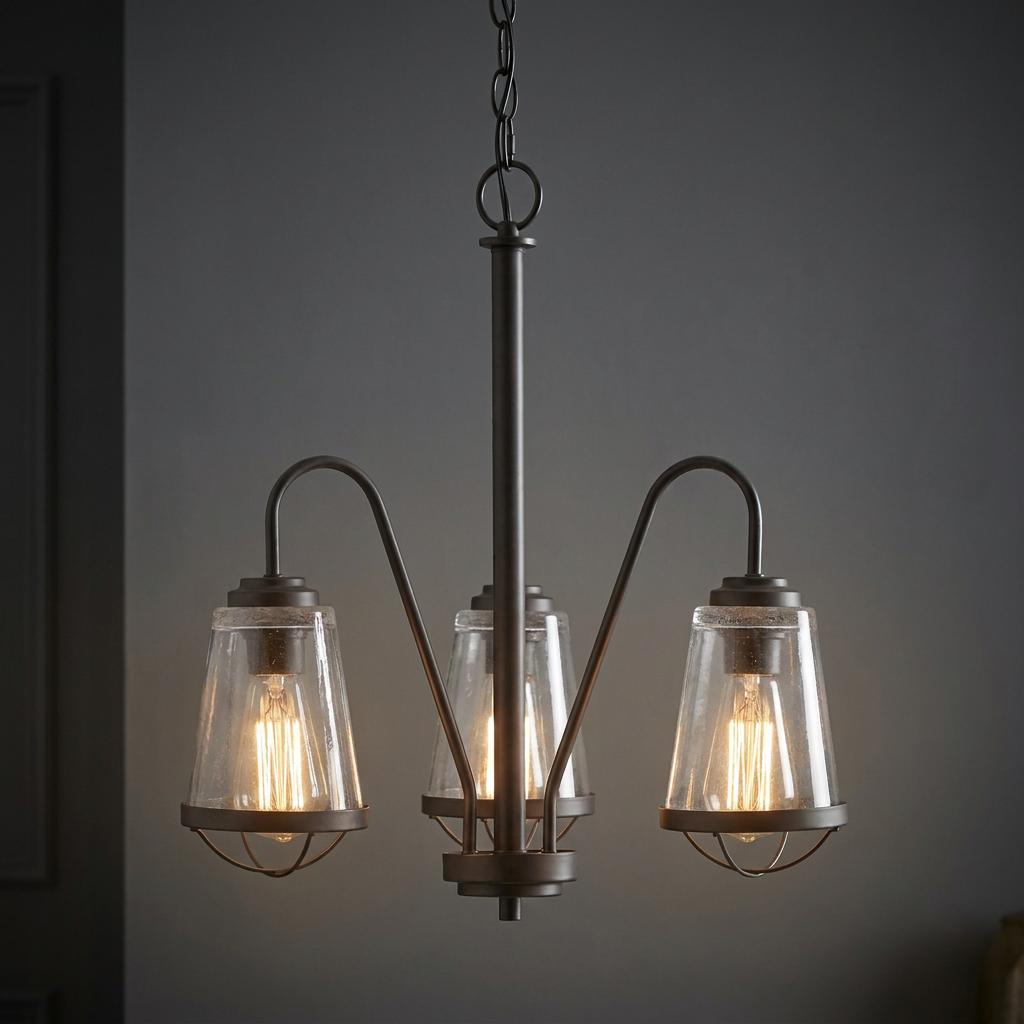Oaks Bodo 3-light black chandelier featuring seeded glass tapered shades and lit vintage Edison bulbs.