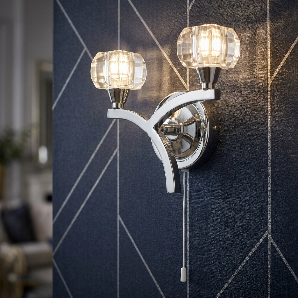 Modern two-light chrome wall sconce with faceted crystal shades on navy geometric wallpaper.