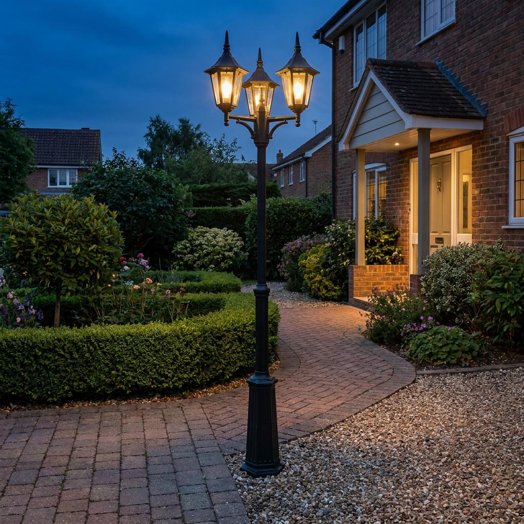 Black three-arm lamp post with glowing lanterns illuminating a brick garden path at dusk.