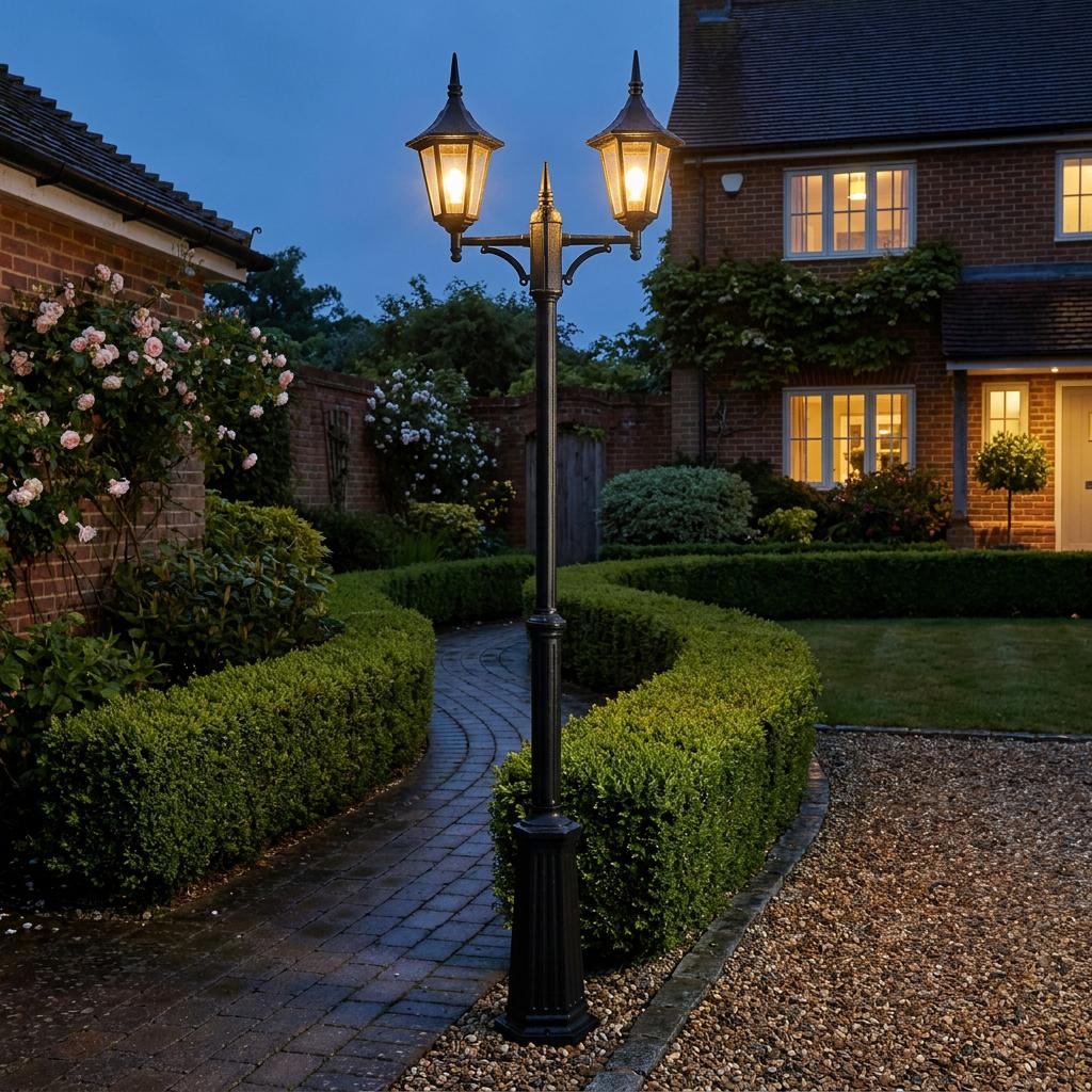 Oaks Cardinal black twin arm lamp post illuminating a curved garden path at dusk.
