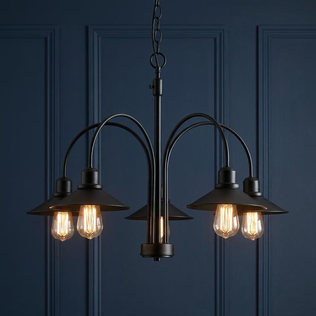 Oaks Dalvik 5-light black chandelier with conical shades and vintage filament bulbs against a dark blue wall.