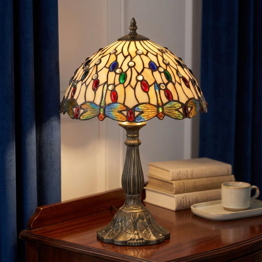 Tiffany-style dragonfly table lamp with a stained glass shade, glowing on a wooden desk next to books and a mug.