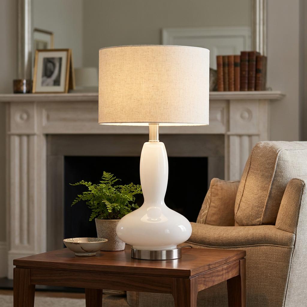 White glass touch table lamp with a curved base and fabric shade on a wooden side table in a cozy room.