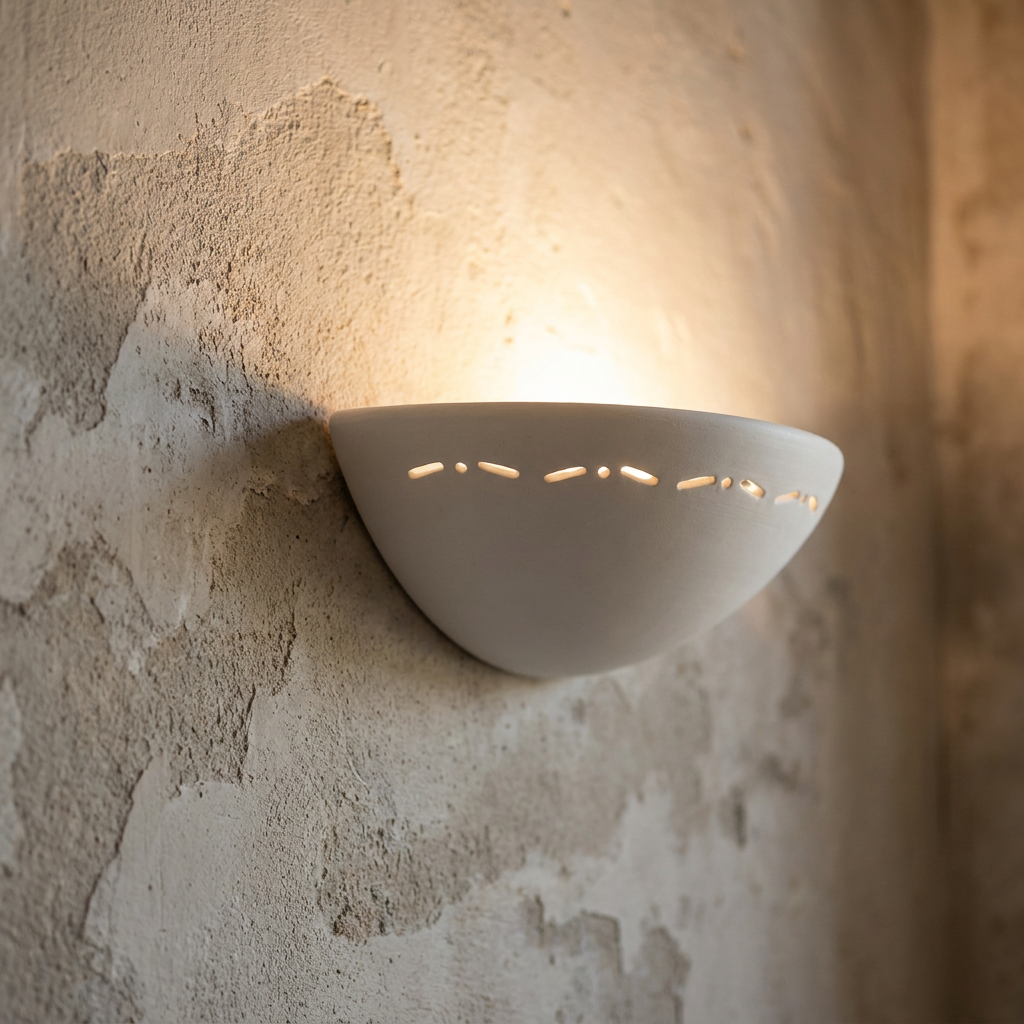 White ceramic semi-circle wall light with decorative cut-outs, glowing on a textured plaster wall.