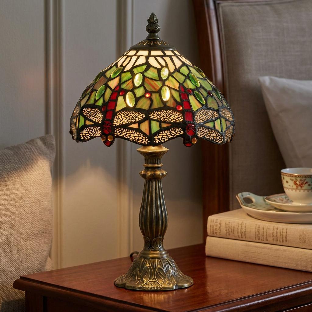 A green Tiffany dragonfly lamp with a stained glass shade on a bedside table beside books.