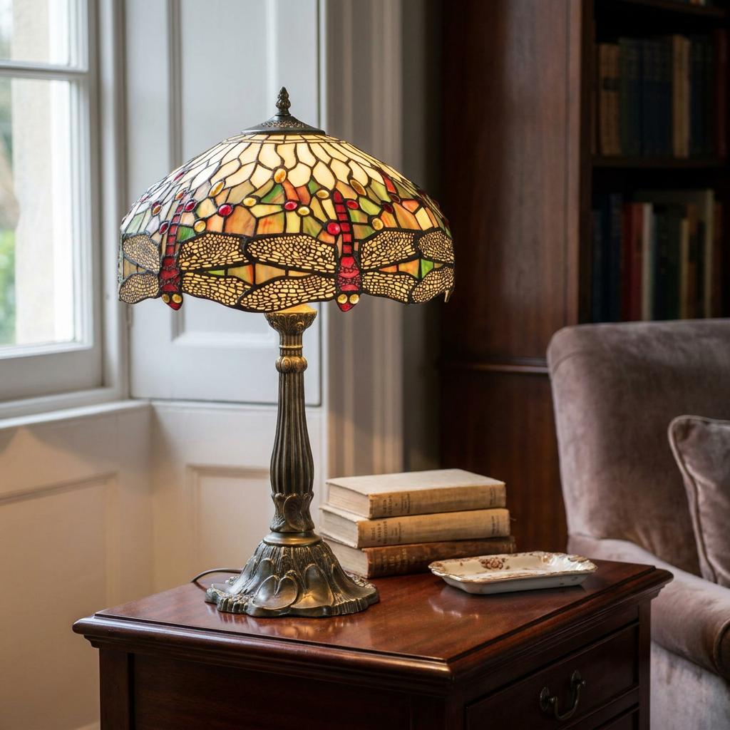 Tiffany table lamp with a red dragonfly stained glass shade on a wooden side table in a living room.
