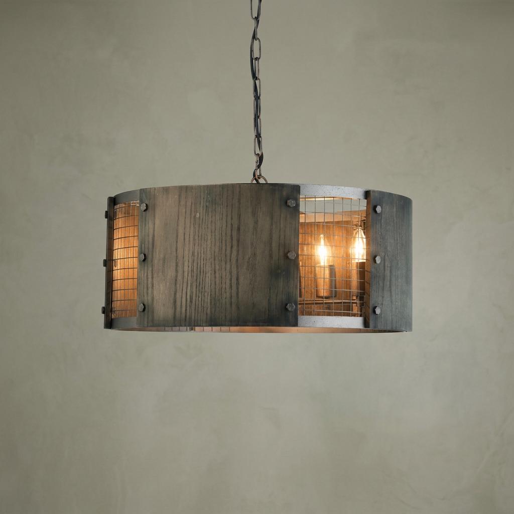 Industrial drum-shaped pendant light with dark wood panels and wire mesh cage, featuring glowing candle-style bulbs.