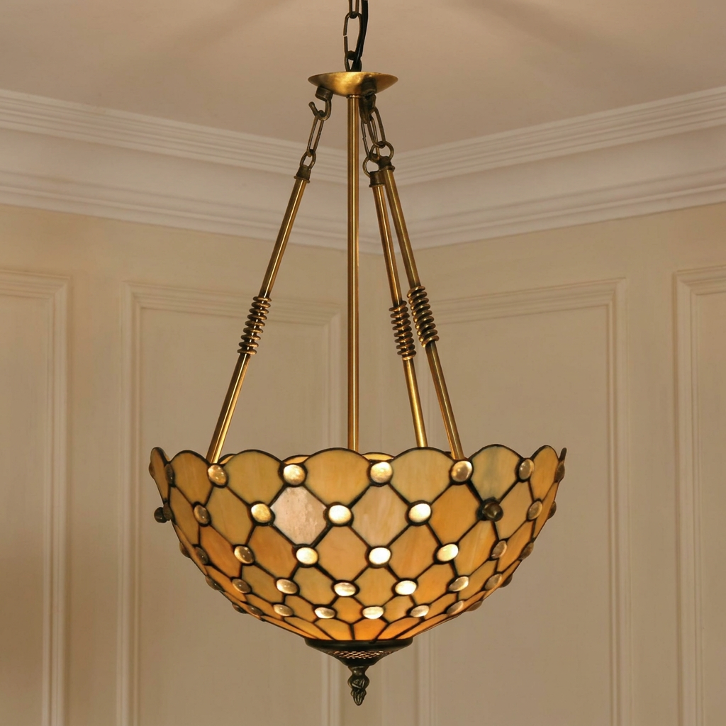 Oaks Jewel Inverted Tiffany Ceiling Light with honey glass and jewel accents hanging in a classic paneled room.