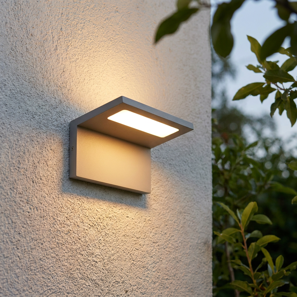 Modern silver grey LED outdoor wall light casting a warm glow on a textured exterior wall.