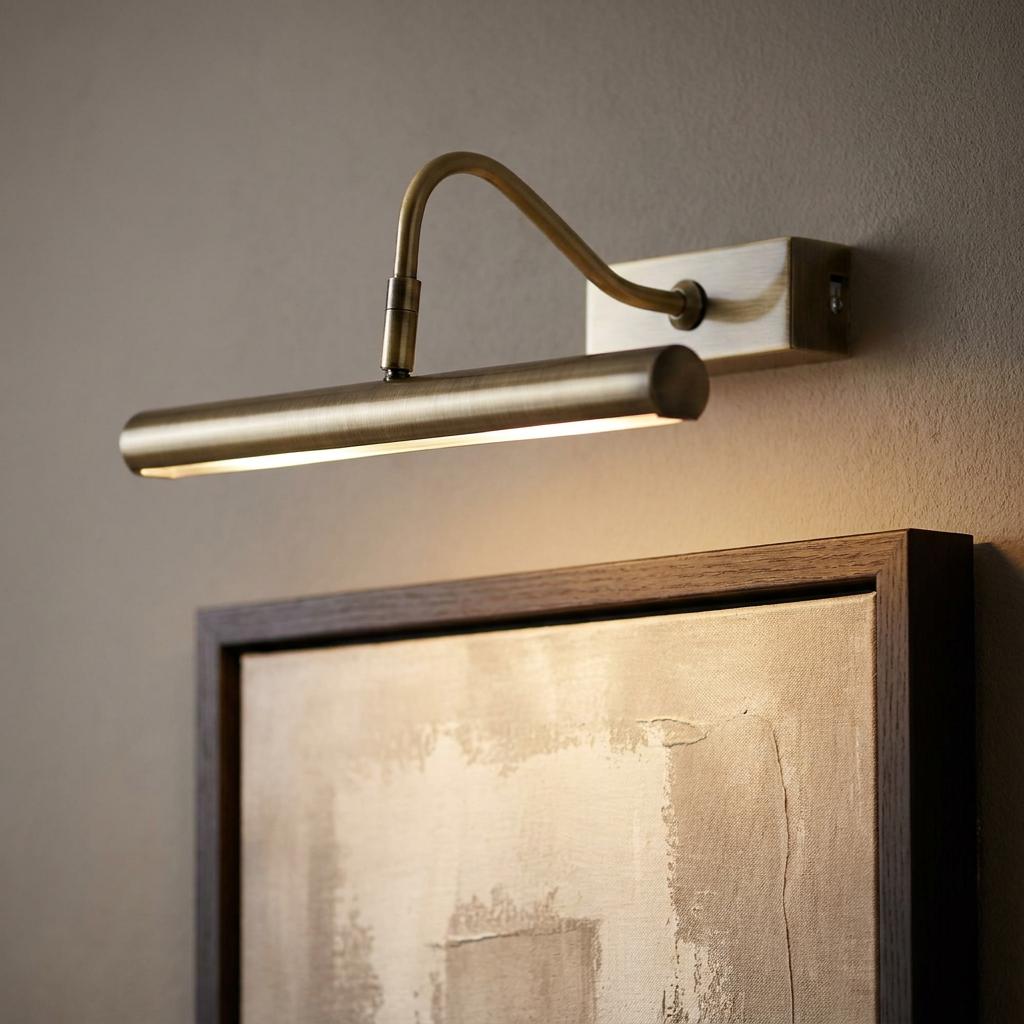 Antique brass LED picture light mounted on a wall, illuminating a framed painting with warm light.