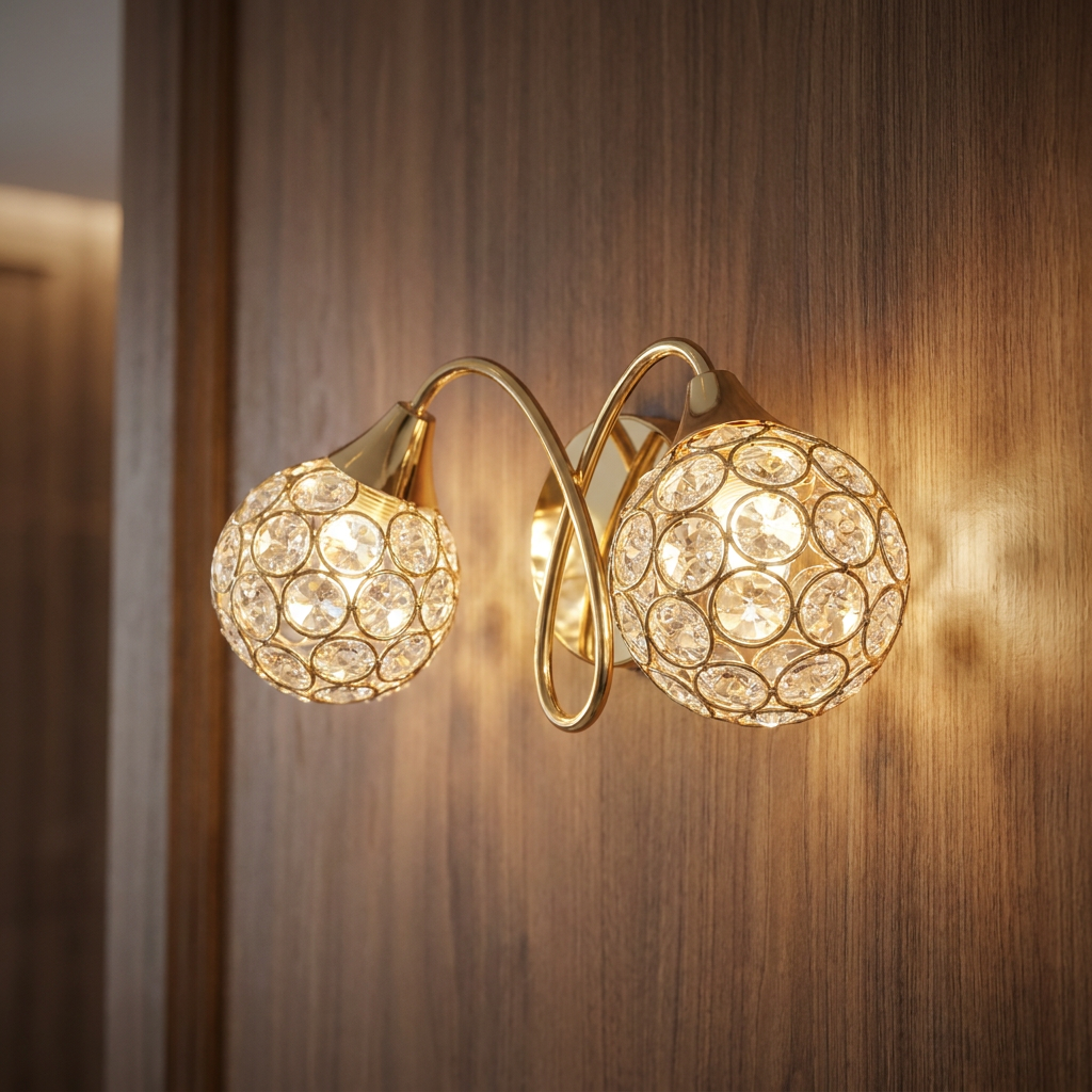 Polished brass two-light wall sconce with ornate crystal sphere shades on a dark wood wall.