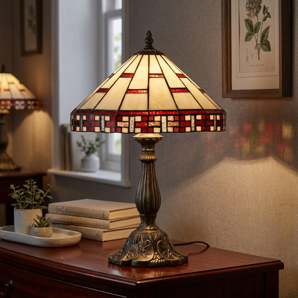 Medium Tiffany table lamp with a cream and red geometric glass shade on an ornate bronze base atop a wooden dresser.