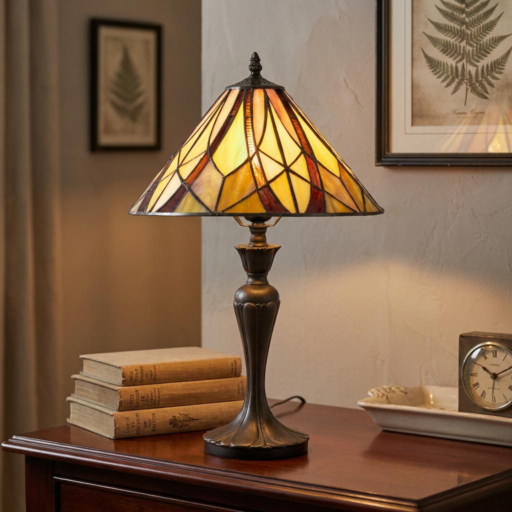 Tiffany style table lamp with a warm amber geometric glass shade on a dark wood table beside a stack of books.