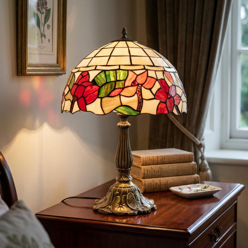 Tiffany table lamp with a floral stained glass shade glowing on a wooden bedside table with books.