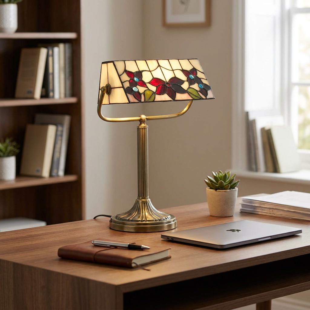 Tiffany style bankers lamp with a floral glass shade on a wooden desk in a home office setting.