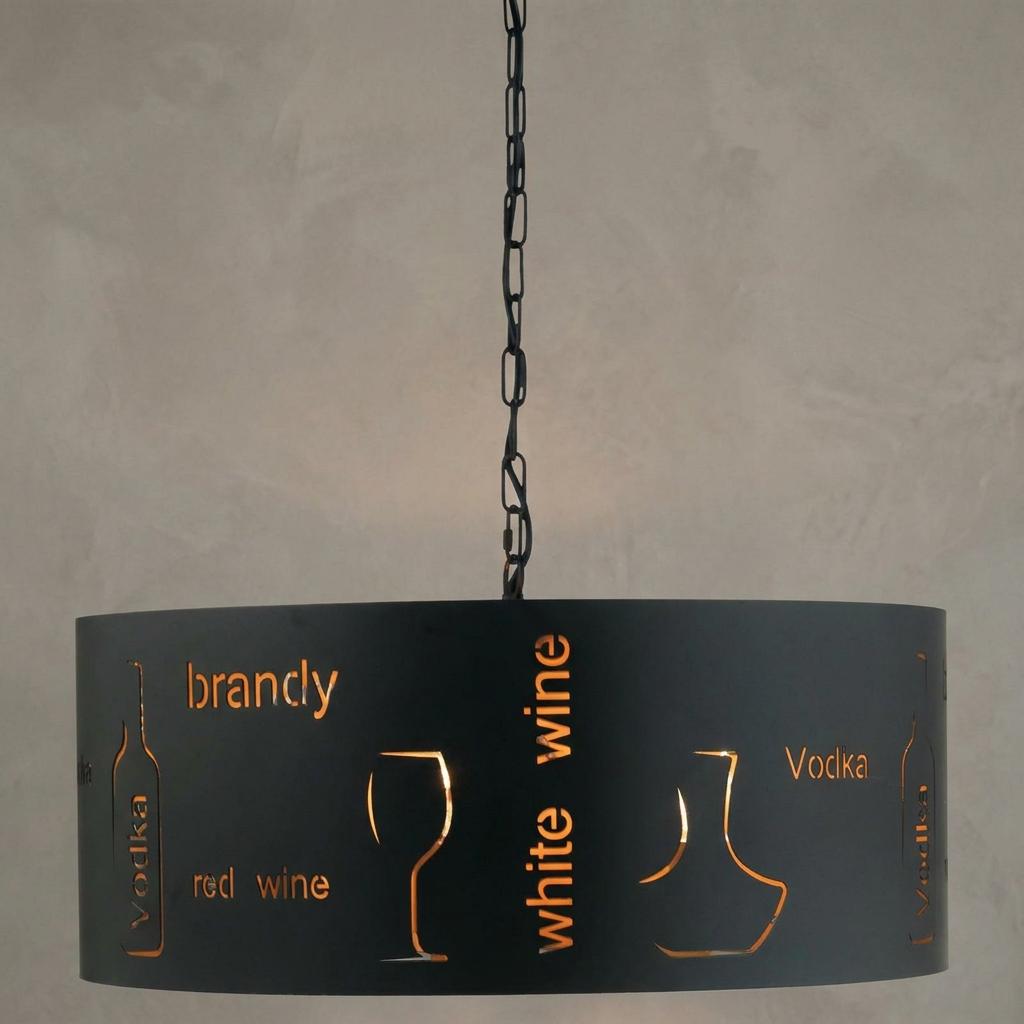 Black drum pendant light featuring laser-cut alcohol-themed words and glass silhouettes with a glowing gold interior.