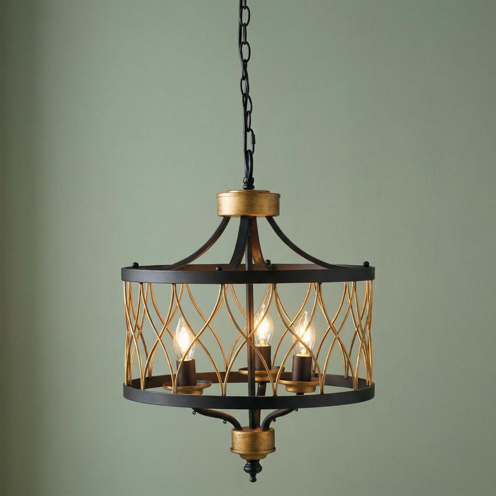 Three-light ceiling pendant featuring a black frame and gold lattice design, suspended against a light green wall.