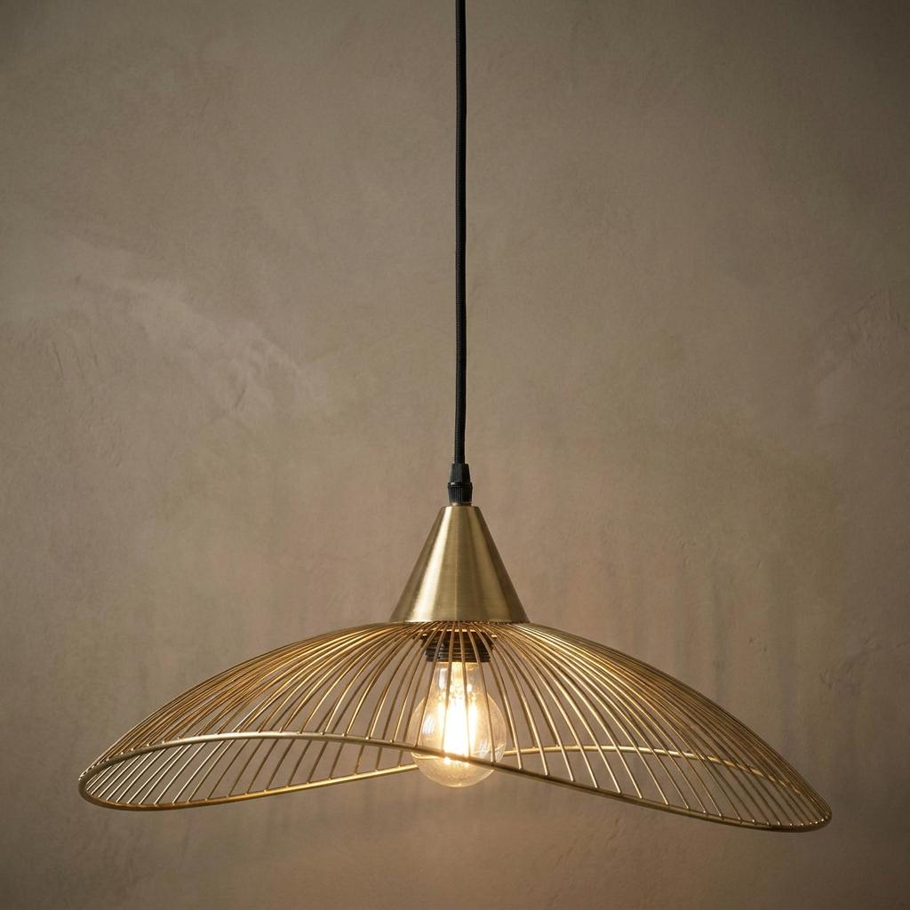 Gold wire cage pendant light with an exposed bulb hanging from a black cord against a textured beige wall.