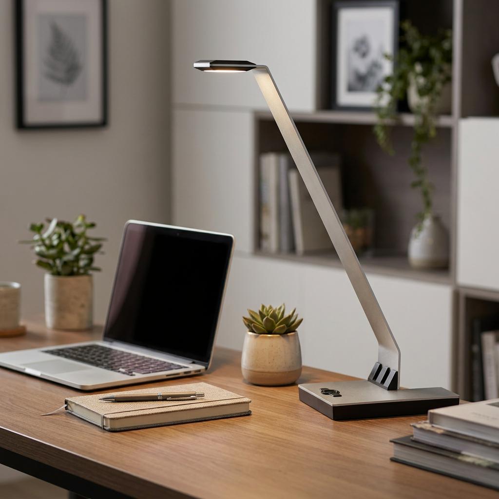 Slim, silver Oaks Lighting LEGI LED desk lamp illuminating a wooden desk with a laptop and plants.