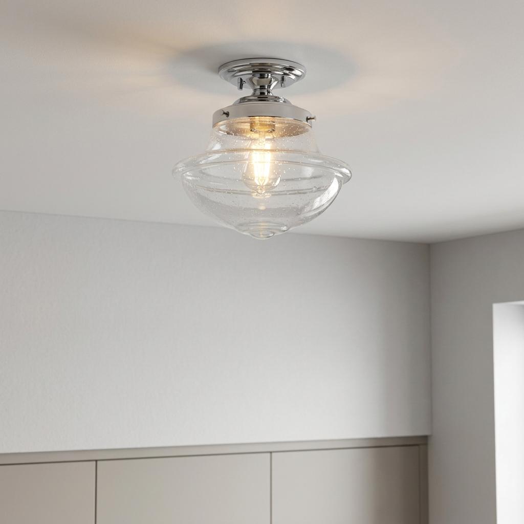 Oaks Lighting Lars flush ceiling light with a clear seeded glass shade and chrome fitting, illuminated.