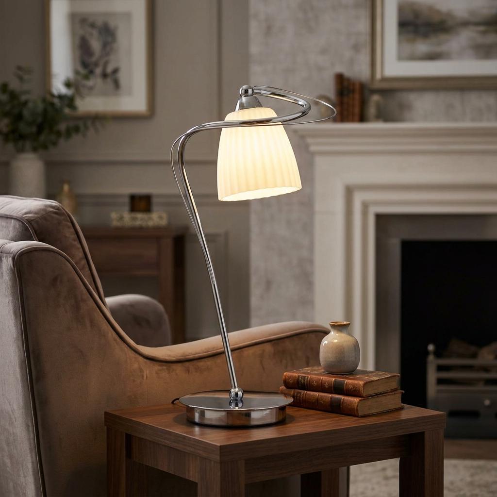 Oaks Lighting Leke Chrome table lamp with a ribbed white glass shade on a wooden side table in a living room.