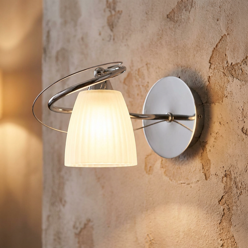 Oaks Lighting Leke chrome single wall light with a frosted ribbed glass shade on a textured wall.