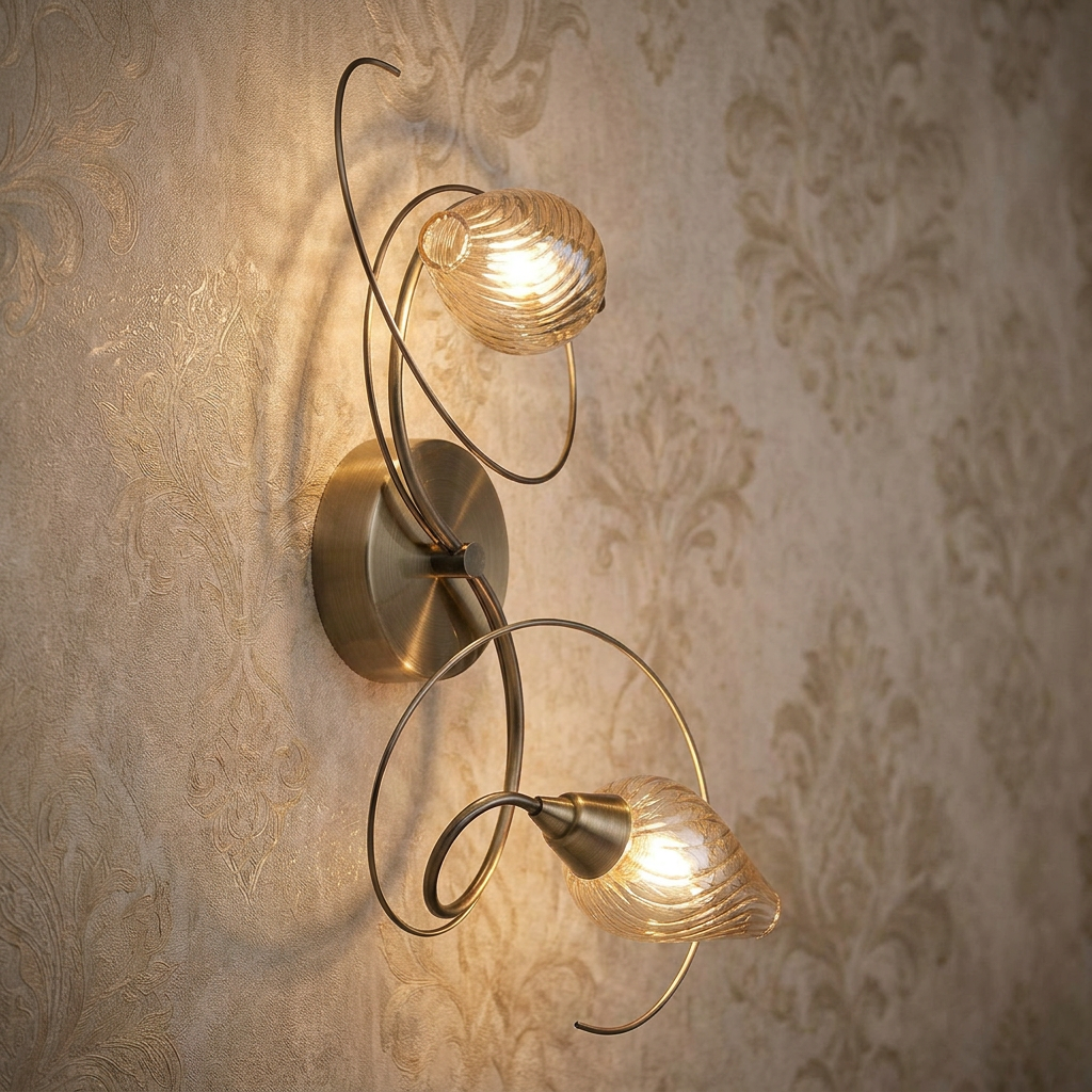 Lugh twin antique brass wall light with swirling metal arms and ribbed glass shades on damask wallpaper.