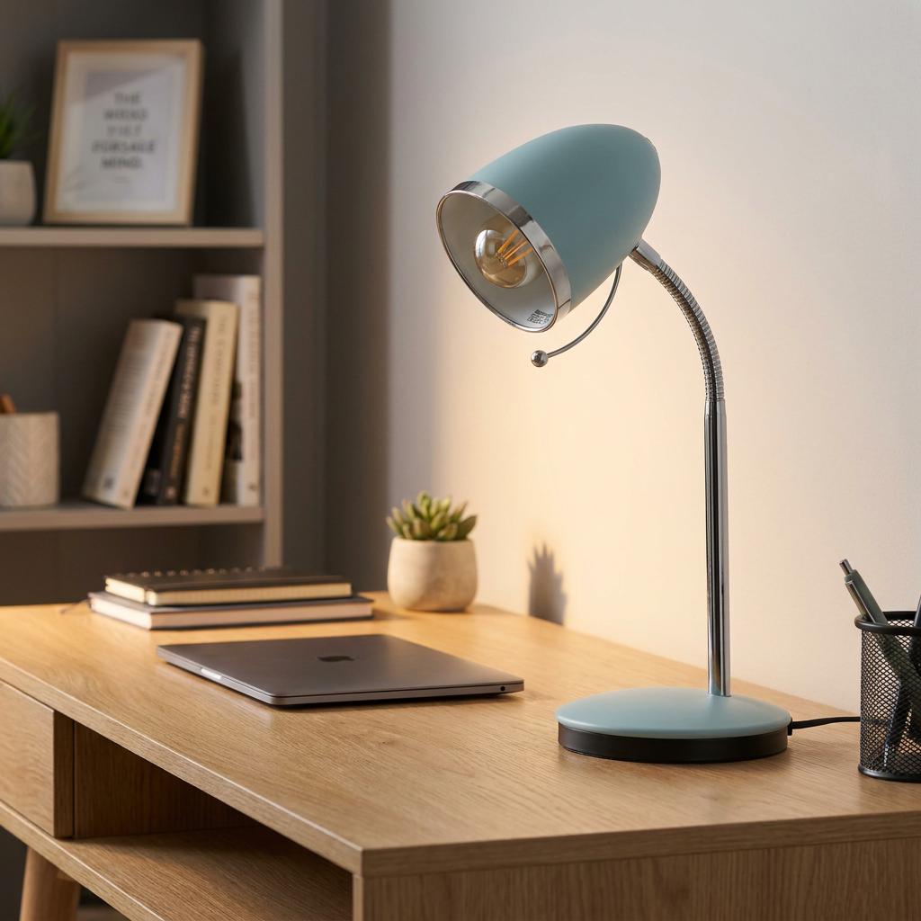 Duck egg blue desk lamp with a flexible chrome neck illuminating a laptop and notebooks on a wooden desk.