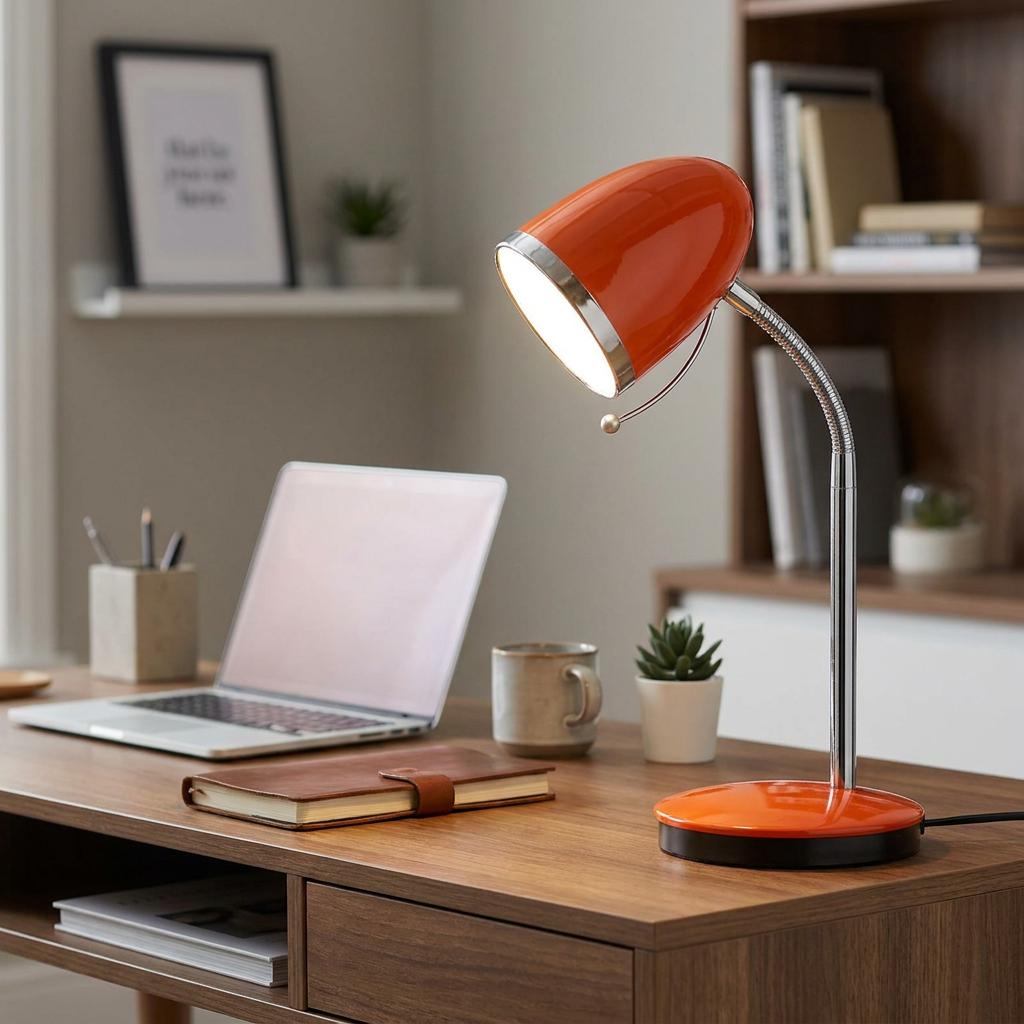 Orange desk lamp with a flexible chrome neck illuminates a wooden workspace with a laptop and notebook.