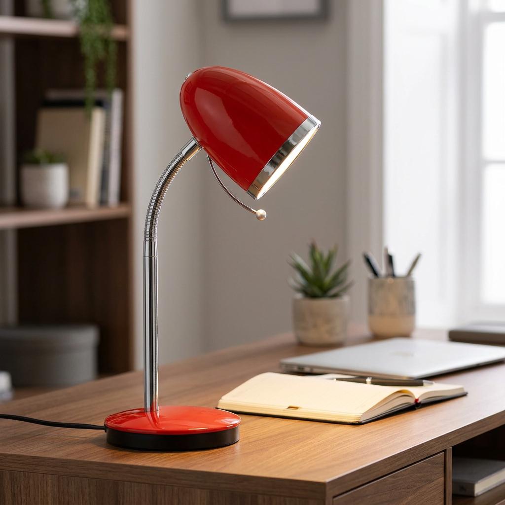 A red Oaks Lighting Madison desk lamp with a chrome flexible neck illuminates a notebook on a wooden desk.