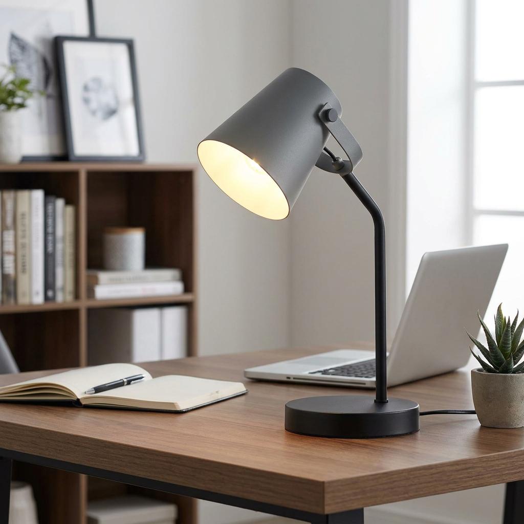Modern black and grey desk lamp illuminates a wooden workspace with a laptop and notebook.