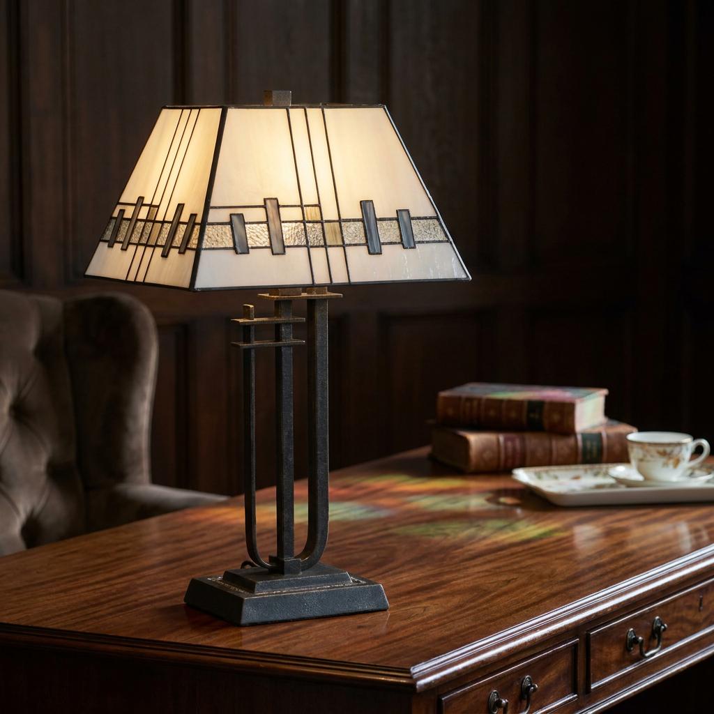 A geometric Tiffany table lamp with a cream glass shade on a wooden desk in a classic study.