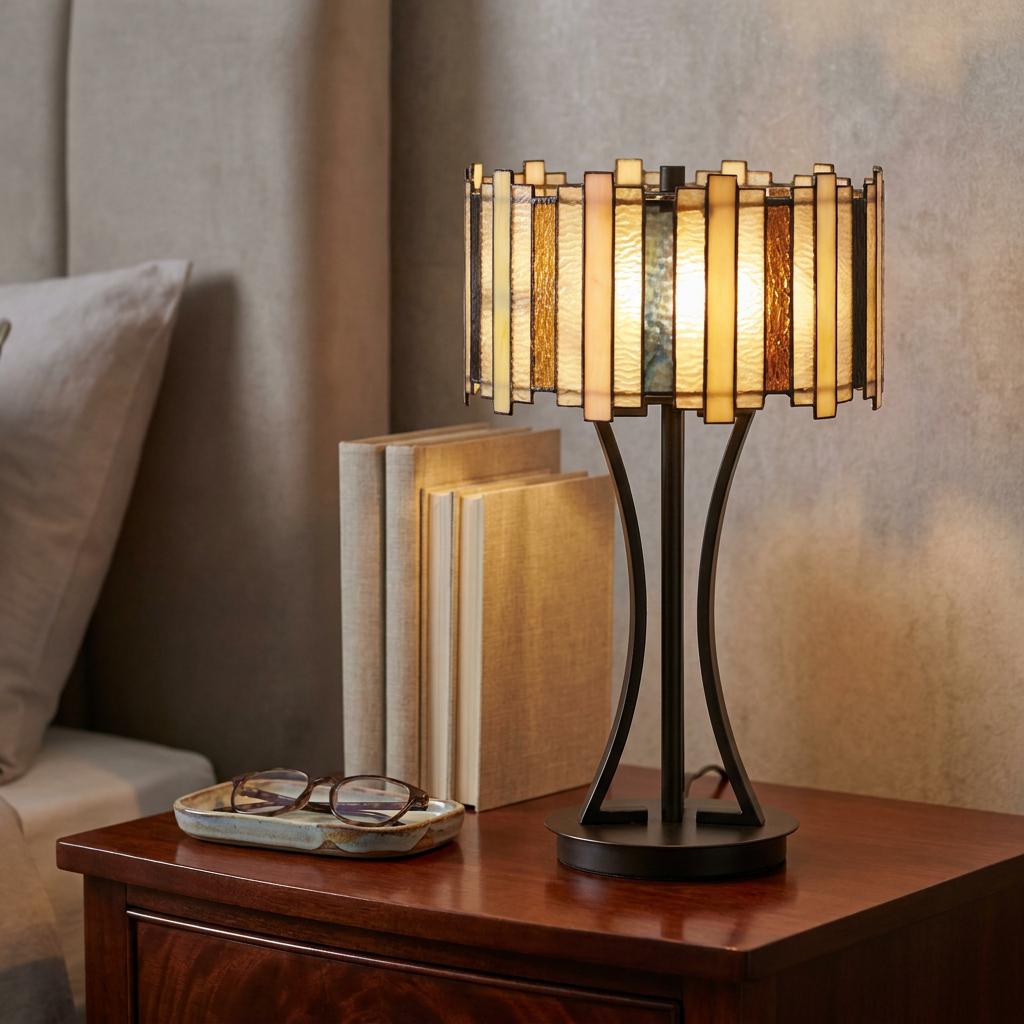 Morton Tiffany table lamp with a geometric art glass shade glowing on a wooden bedside table.