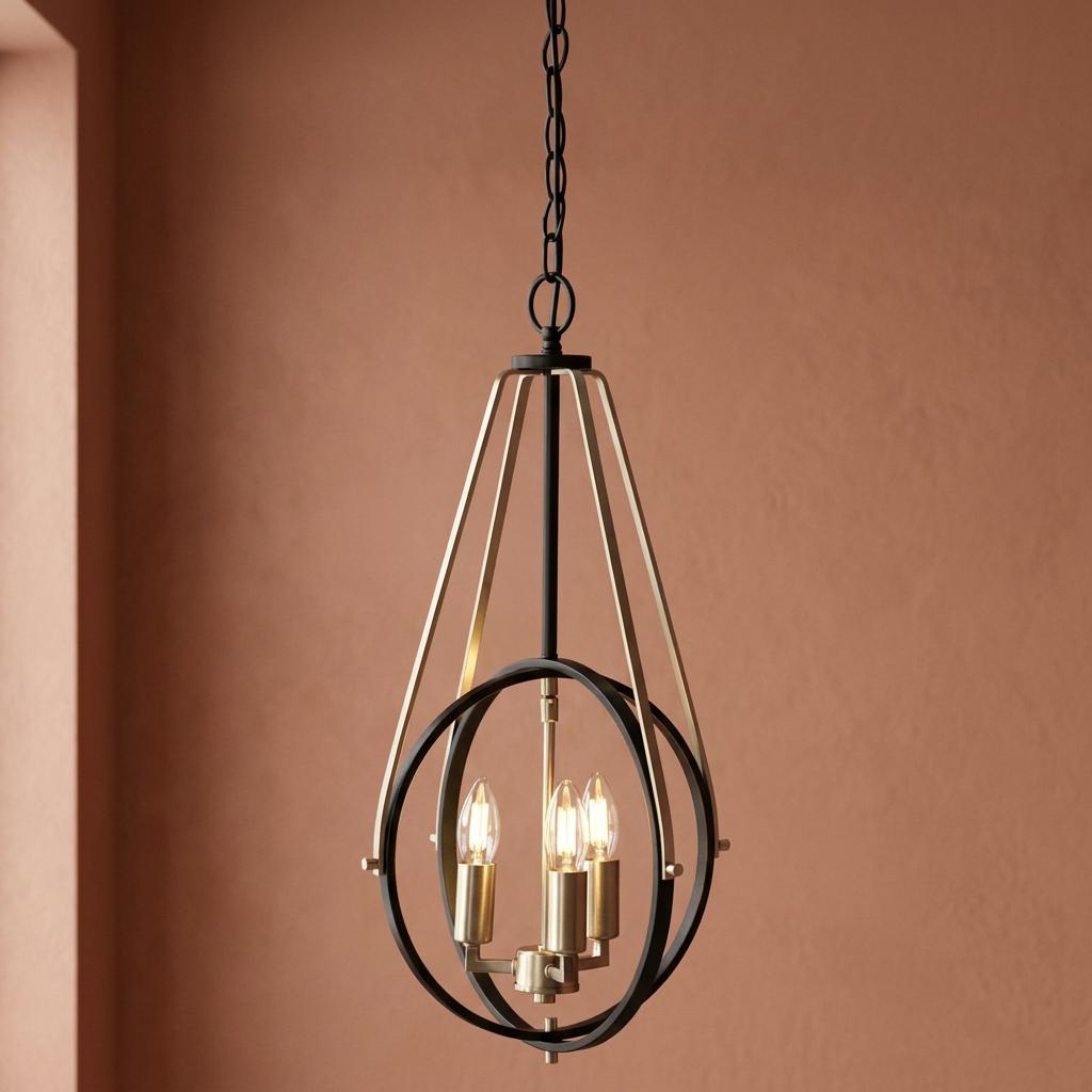 Modern three-bulb teardrop pendant light with black and gold metal frames against a terracotta wall.